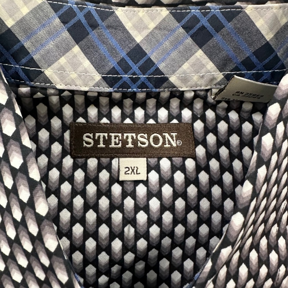 Stetson Western Pearl Snap Shirt Mens 2XL Black White Geometric Diamond Cowboy - Picture 4 of 9